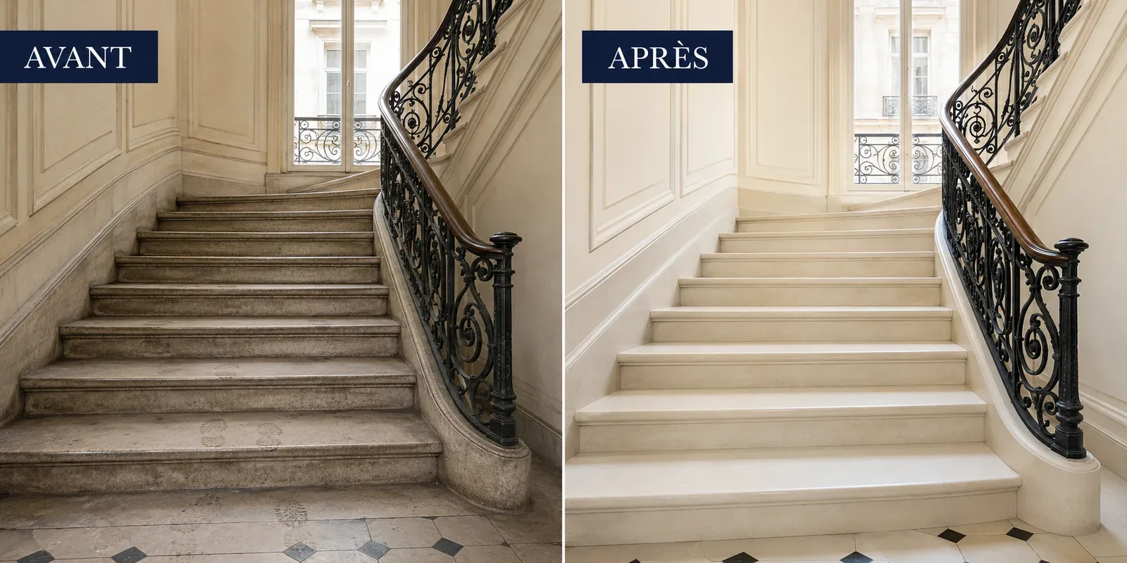 Avant / après : escalier en pierre d'une copropriété haussmannienne parisienne nettoyé par ALS Services