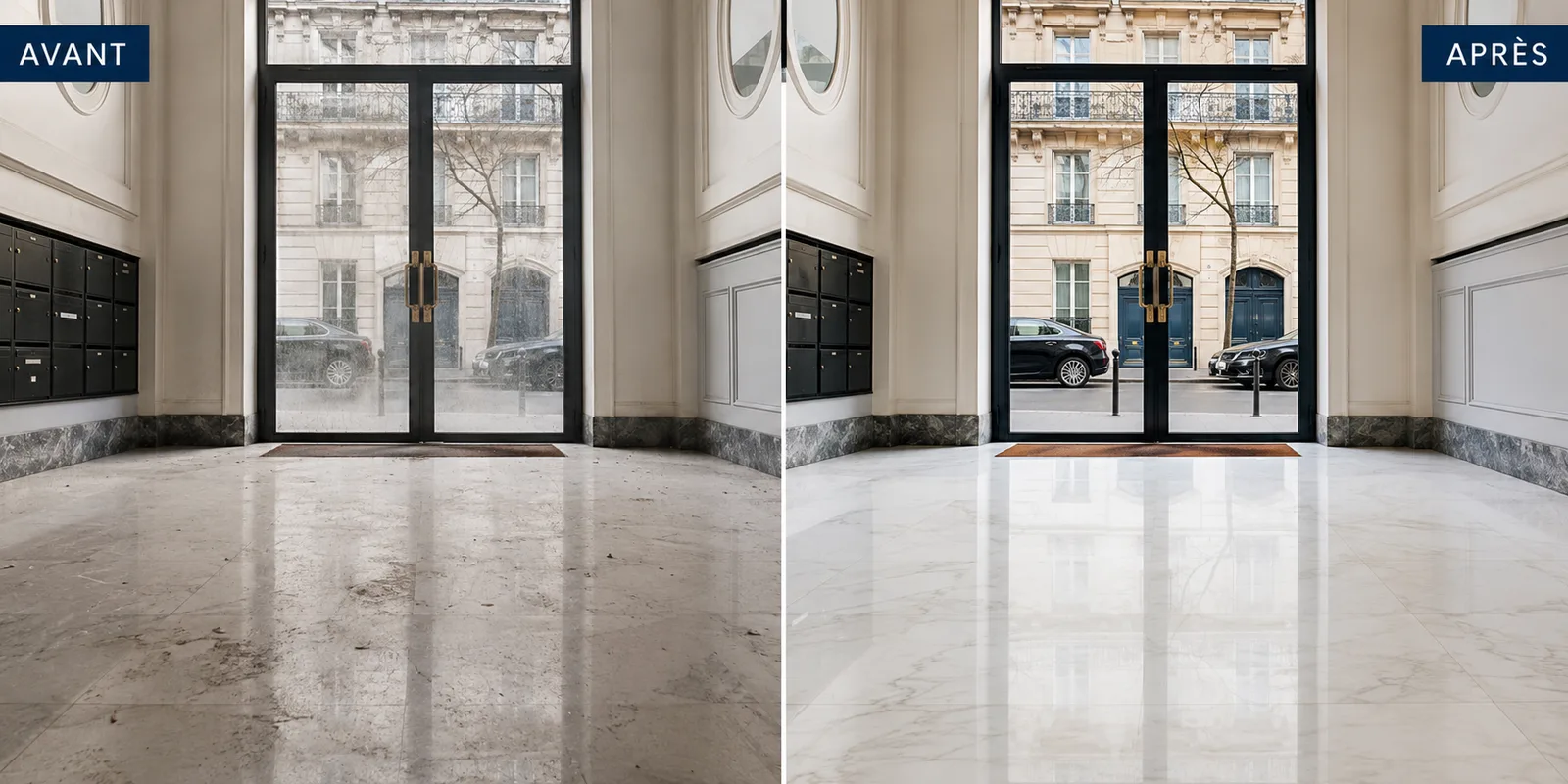 Avant / après : sol en marbre et porte vitrée d'un hall de copropriété parisienne nettoyés et lustrés par ALS Services