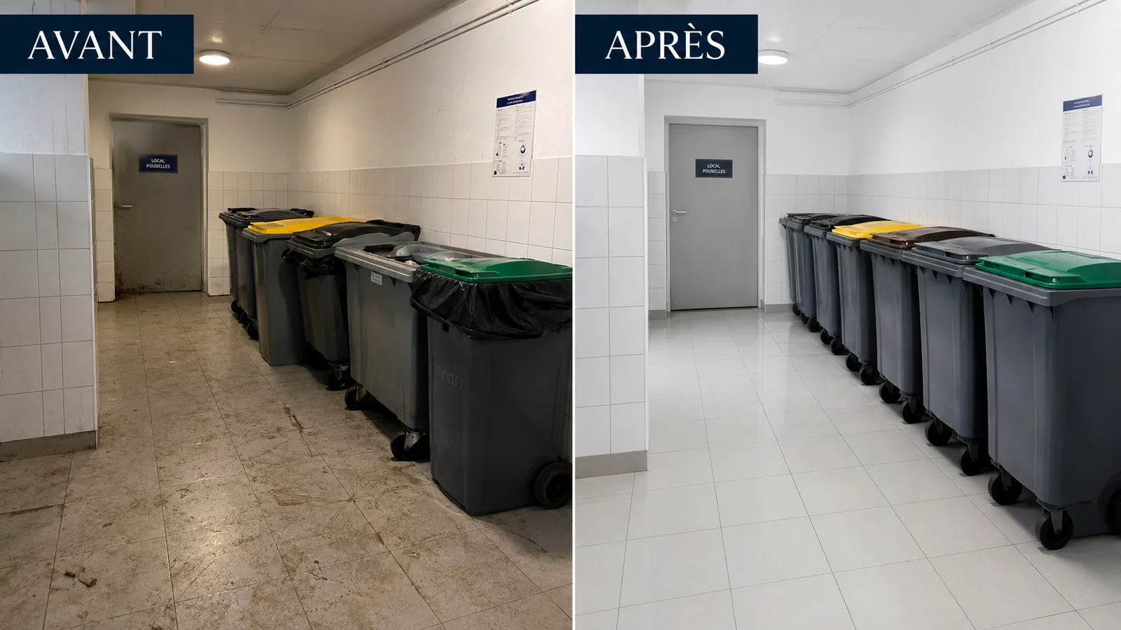 Avant / après : local à conteneurs d'un immeuble parisien nettoyé et désinfecté par ALS Services