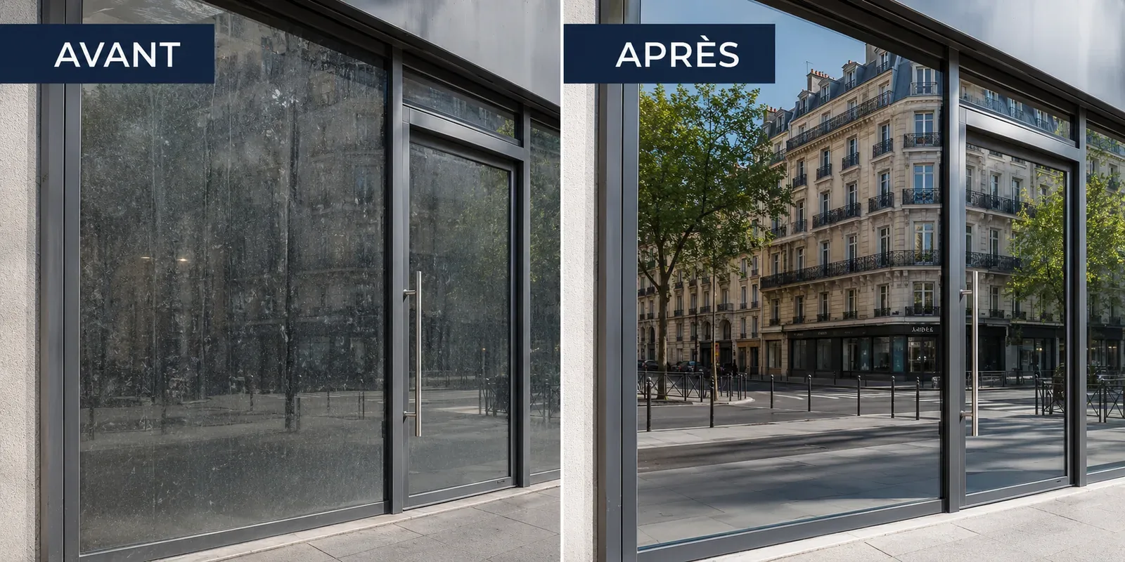 Avant / après : façade vitrée et vitrine d'un commerce parisien nettoyées et dégraissées par ALS Services