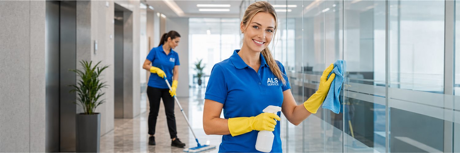 Agent ALS Services lessivant une paroi vitrée dans des bureaux à Asnières
