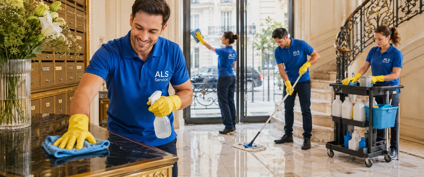 Deux agents ALS Services lavant le hall d'une copropriété à Paris 9e