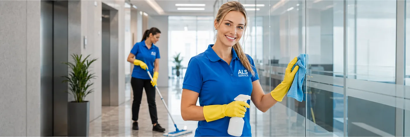 Agent ALS Services lavant une vitre au spray et à la microfibre à Paris 9e